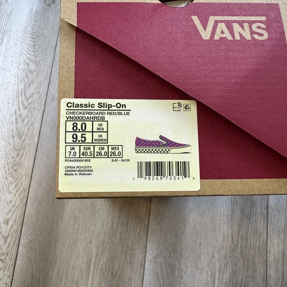 Vans Classic Slip-On Shoes Mens Size 8 Red Blue Canvas Checkerboard Skater NEW
